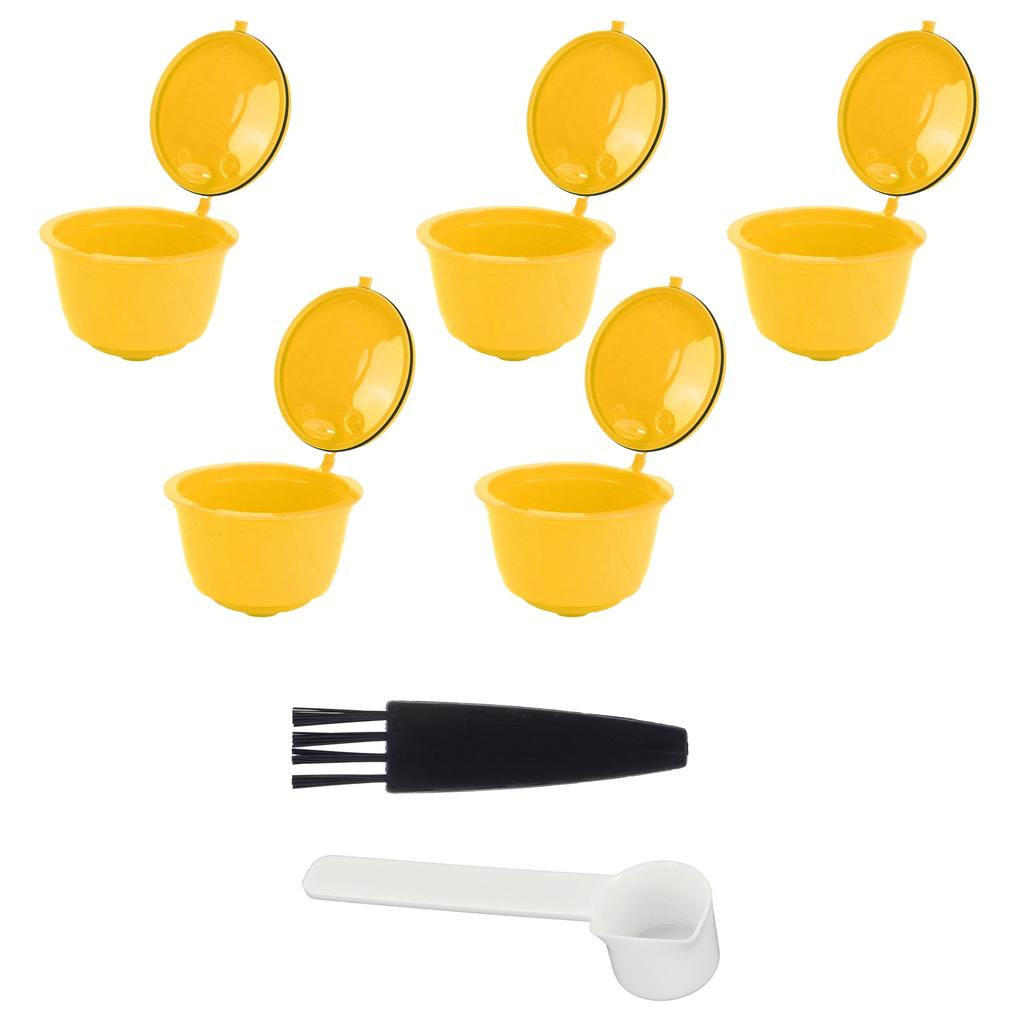 Coffee Machine Capsule Kit Reusable Coffee Filter Cup Accessories Fit for DOLCE GUSTO(Yellow 5 Capsules1 Spoon 1 Brush)