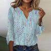 Women's Fashion Top  Casual  V-neck Printed Blouses Bell 3/4 Sleeve T-shirt