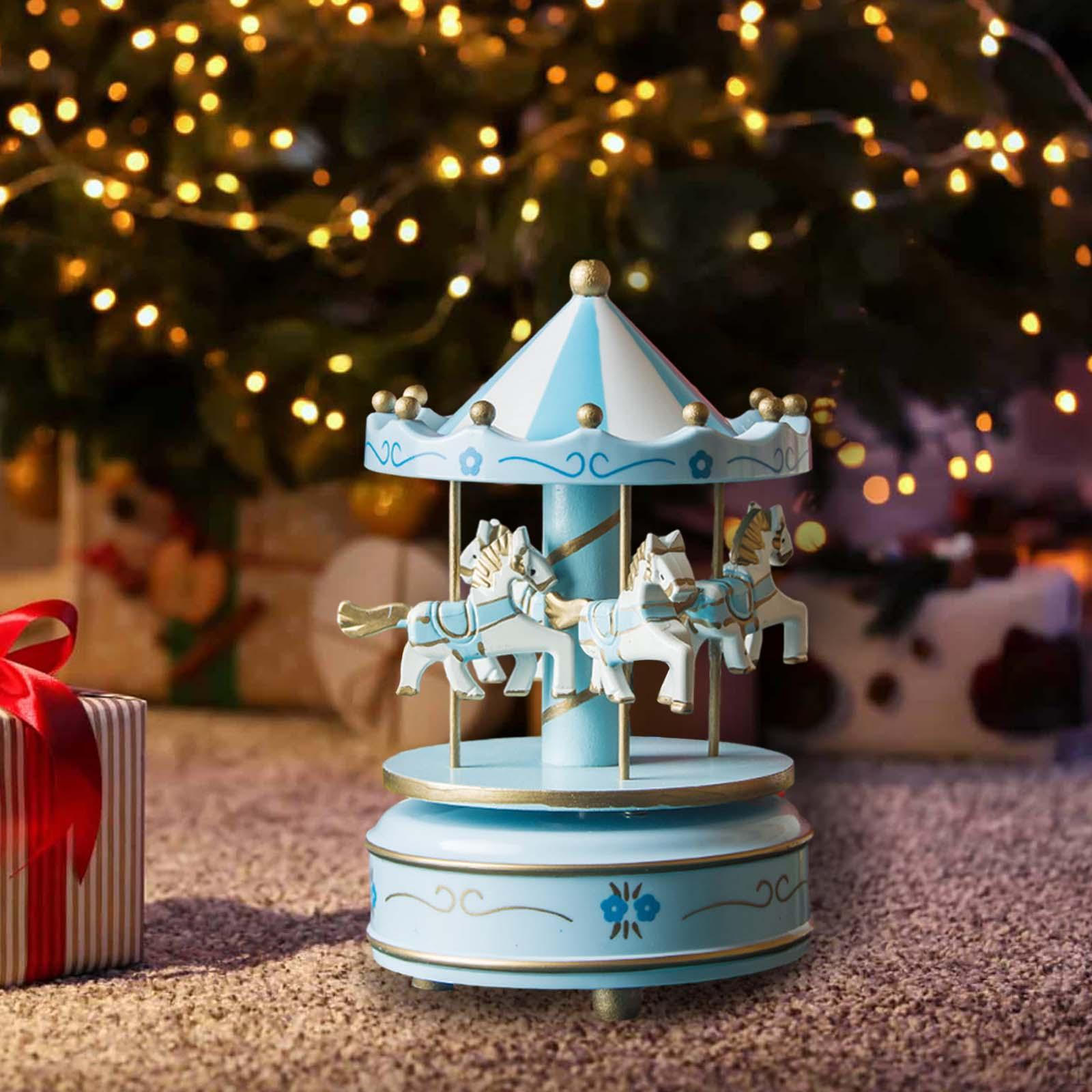 

Рождественская деревянная карусель, музыкальная шкатулка, орнамент, ручная роспись, поворот в форме лошади, вращающаяся для Валентина синий