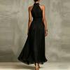 Halter Neck Solid Chiffon Ruched Waist Pleated Flowy Long Gown Sheer Split Hem Elegant Slim Fit Beach Vacation Wedding Guest Formal Evening Sundress