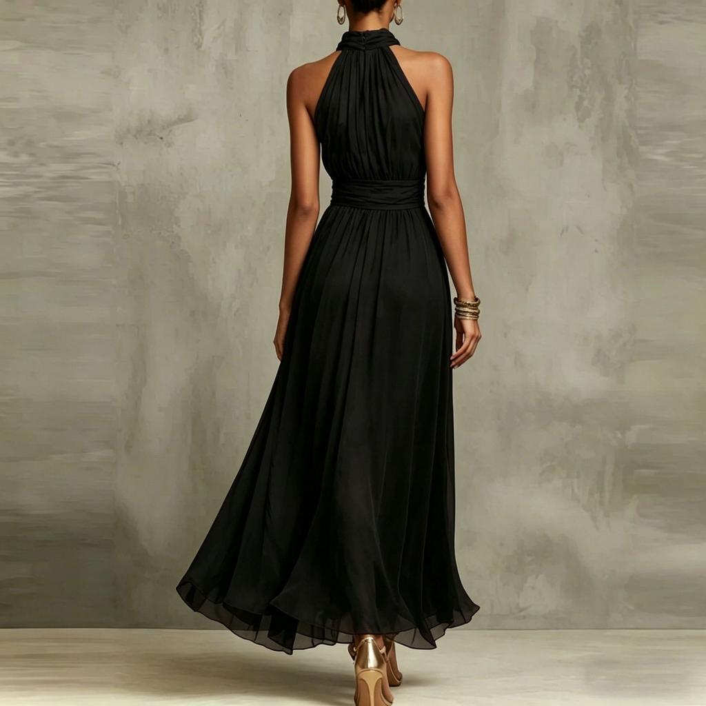 Halter Neck Solid Chiffon Ruched Waist Pleated Flowy Long Gown Sheer Split Hem Elegant Slim Fit Beach Vacation Wedding Guest Formal Evening Sundress