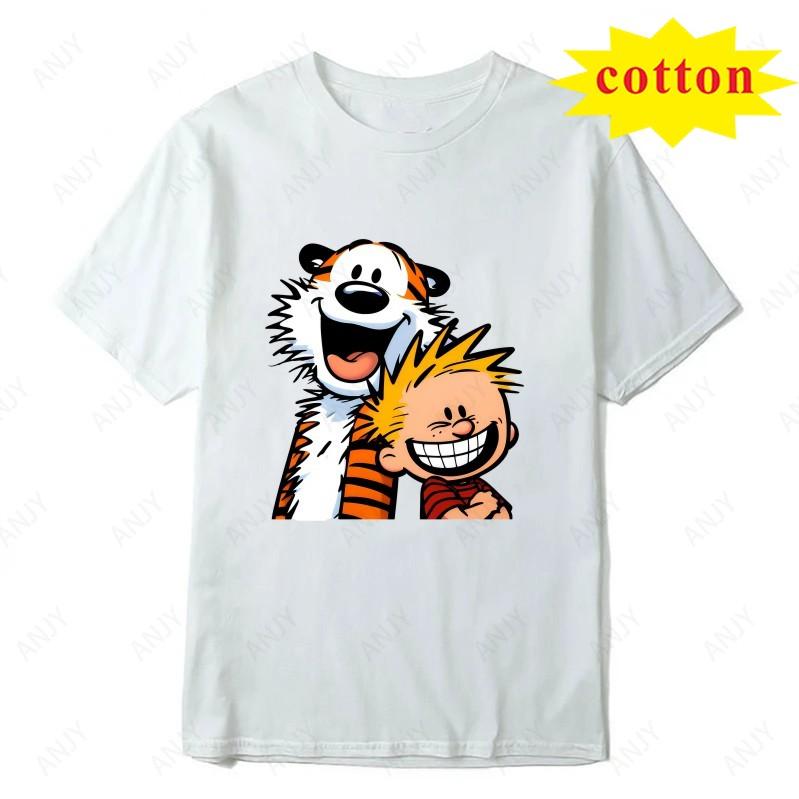 Calvin And Hobbs Tiger Hug Printed Tshirt American Retro Comic Unisexs And Unisexs Short Sleeve Shirt