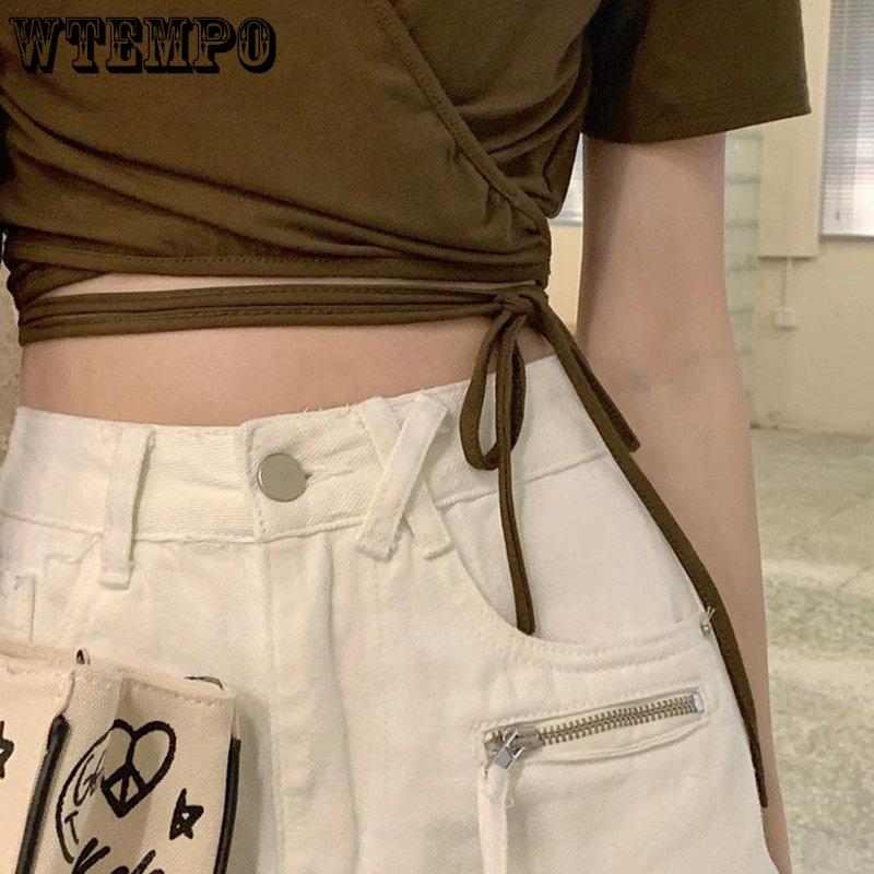 WTEMPO Ummer Casual Tees Women Solid V-neck Cropped Tops Cross Tie-Up Harajuku Basic Korean T-Shirts Streetwear