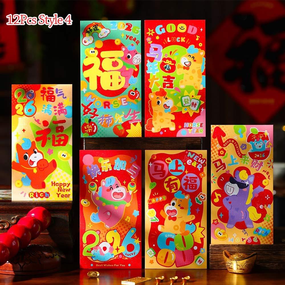 6/12Pcs Folding Horse Year Red Envelope Fu Lucky CNY Packet Envelopes Red Spring Festival Chinese New Year Party Supply