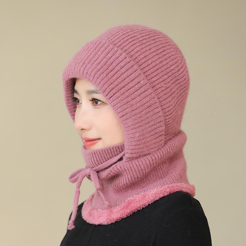 Rabbit Fur Hat Women's Winter Scarf Integrated Wool Cycling Ear Protection Piled Thickened Outdoor Pullover One-piece Hat