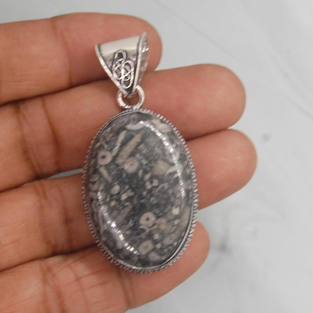 Oval Cab Crinoid Marble Fossil 925 Sterling Silver Pendant Jewelry, Brown Fossil Designer Pendant Jewelry