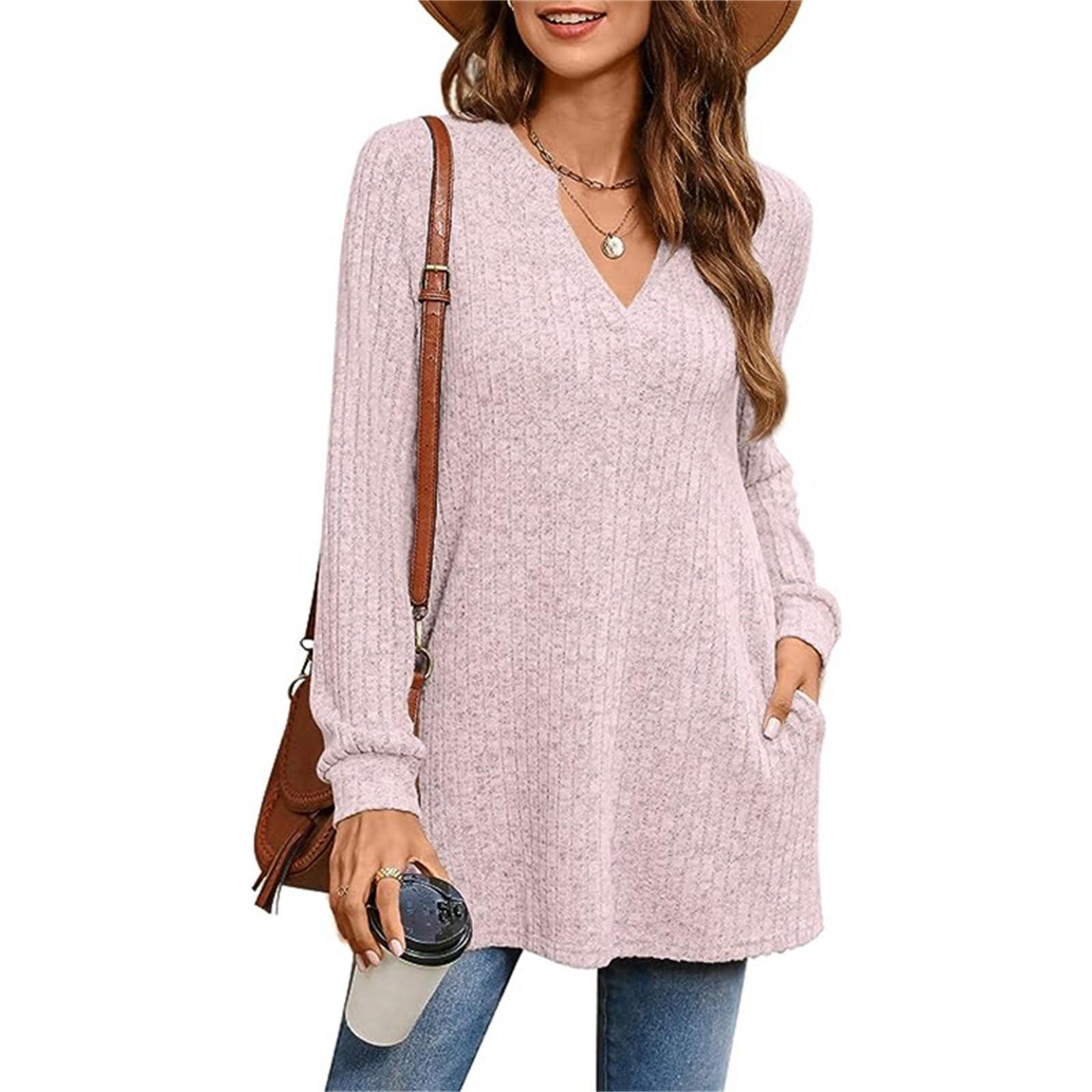 

Женский повседневный однотонный топ с V-образным вырезом, свободного кроя, с длинными рукавами XL розовый