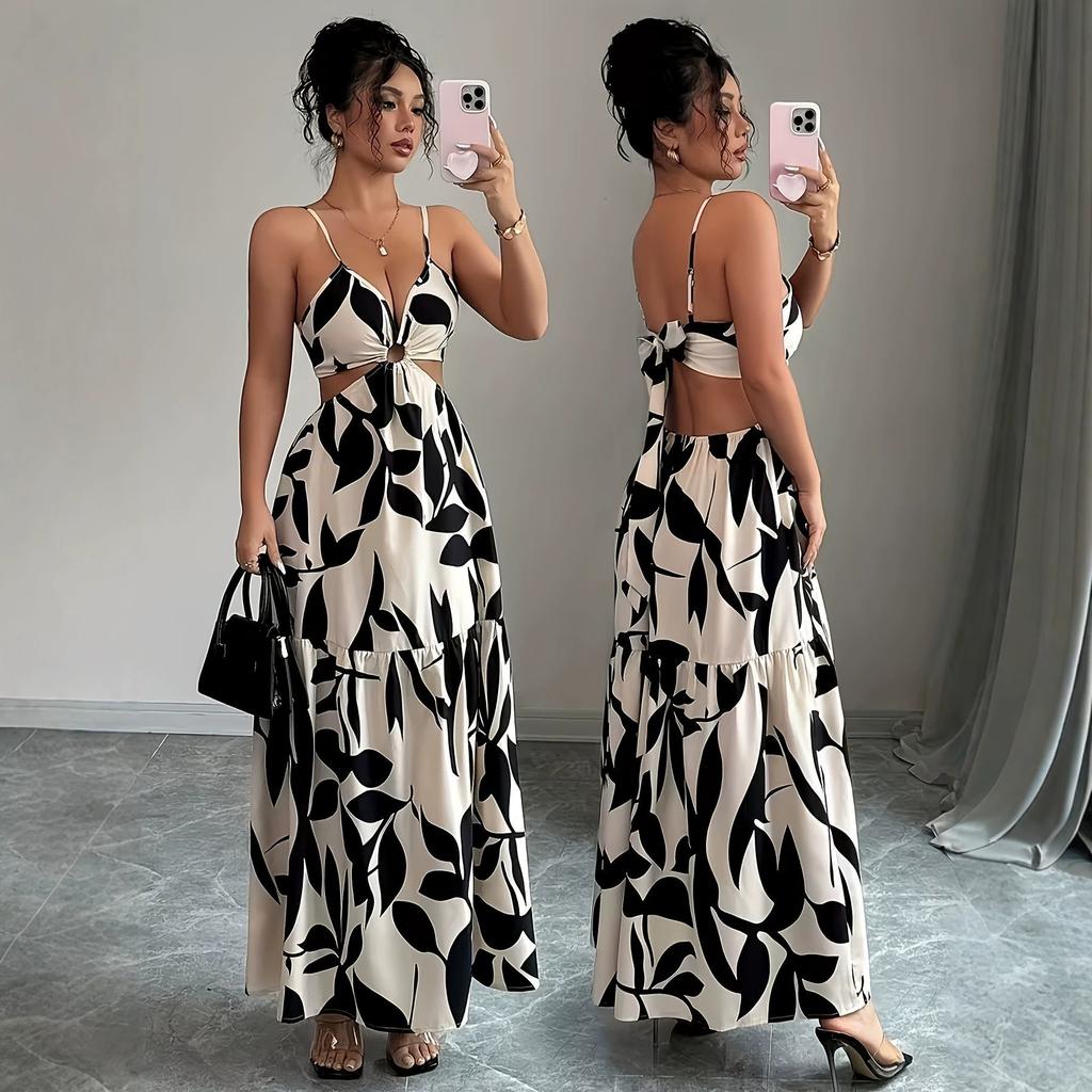 Women's V Neck Cutout Floral Print Maxi Dress Spaghetti Strap Backless Tie Waist Party Dress