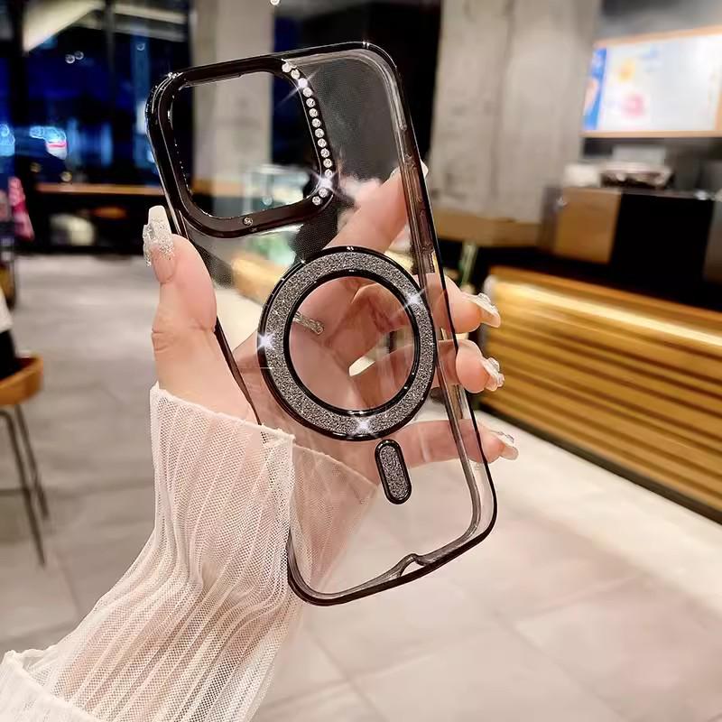 Glitter Magnetic Rhinestone Phone Case for iPhone 17 & 16Pro - Transparent, Drop-proof Protective Cover