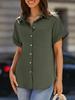 Women's V Neck Collared Button Down Shirt Short Sleeve Top with Pockets