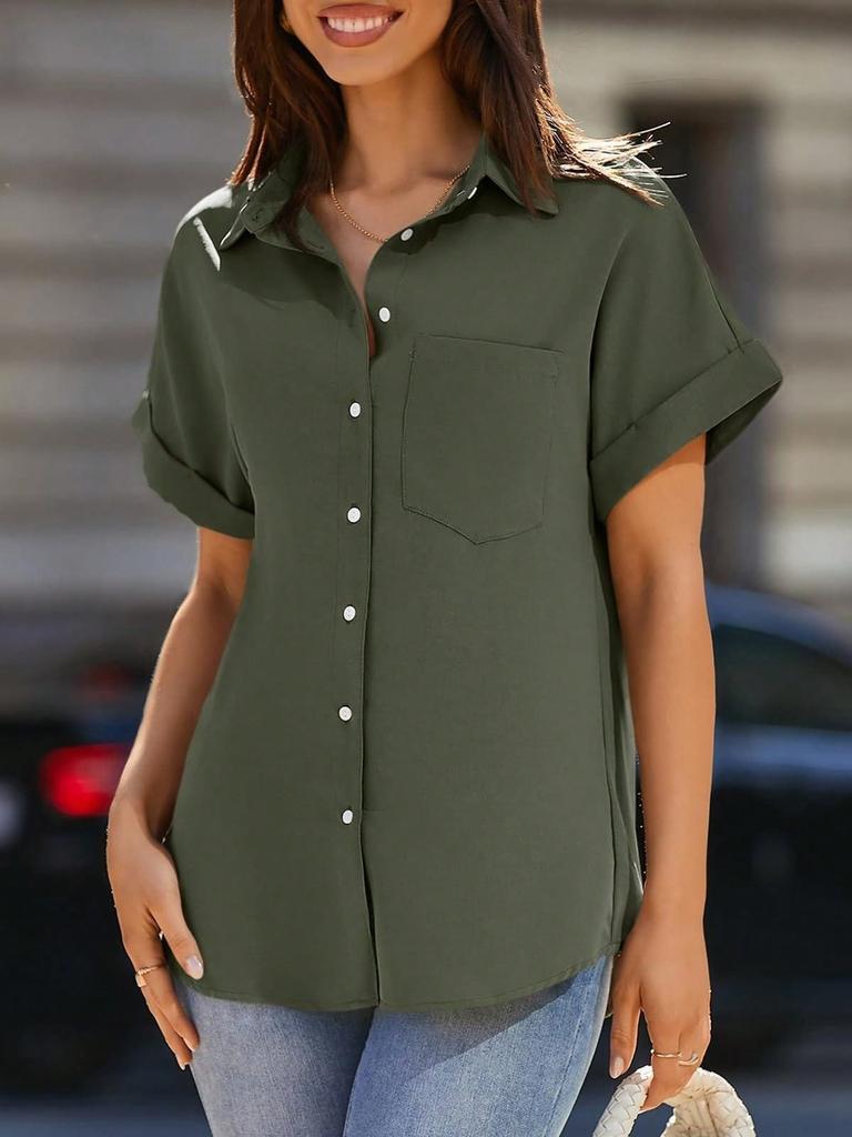 Women's V Neck Collared Button Down Shirt Short Sleeve Top with Pockets
