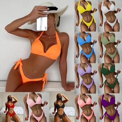 Einfarbiger Nacken-Bikini Bohnen-Träger geteilter harter Cup zerknitterter Badeanzug Bikini