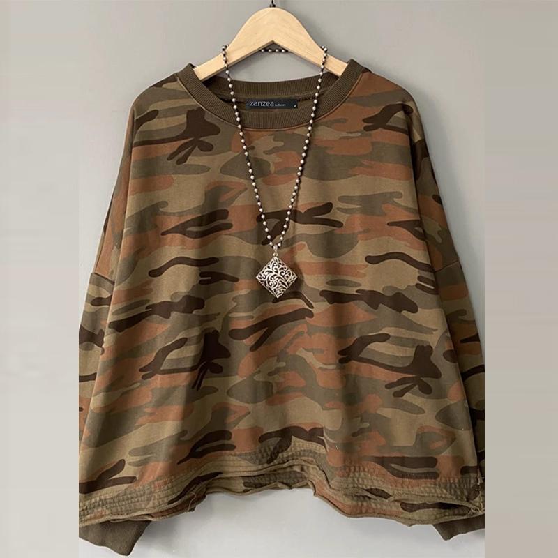 

ZANZEA Женский повседневный свитер с круглым вырезом и длинным рукавом с камуфляжным принтом
