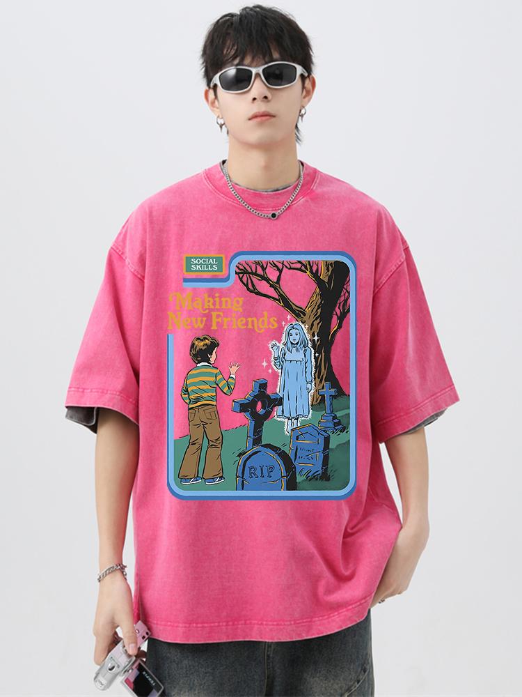 Social Skills Making New Friends Washed Retro Man T-Shirts Oversized Tee Clothes Summer Hip Hop Tshirt O-Neck Soft Cotton Tops
