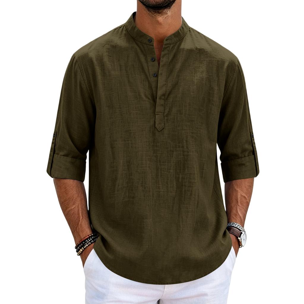 Men's Linen Long Sleeve Shirt Loose Fit Stand Collar Button Placket Casual Cotton Blend Pullover Shirt for Everyday Wear