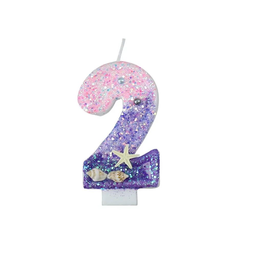 Gradiente Roxo Vela de Aniversário 1 Ano Sereia Vela de Aniversário para Bolo Brilhante Concha de Peixe Marinho Topper de Vela para Decoração de Festa