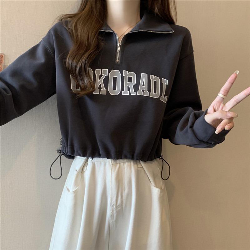 

Half zipper PO neck sweater women s thin loose drawstring hem real shot short long sleeves on clothes 2XL темно-сірий