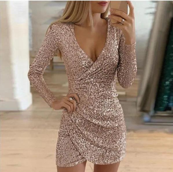 2026 Nuova Collezione Autunnale Mini Abito Sexy Scollo a V Abito Scintillante Design Unico con Sacca Moda Donna