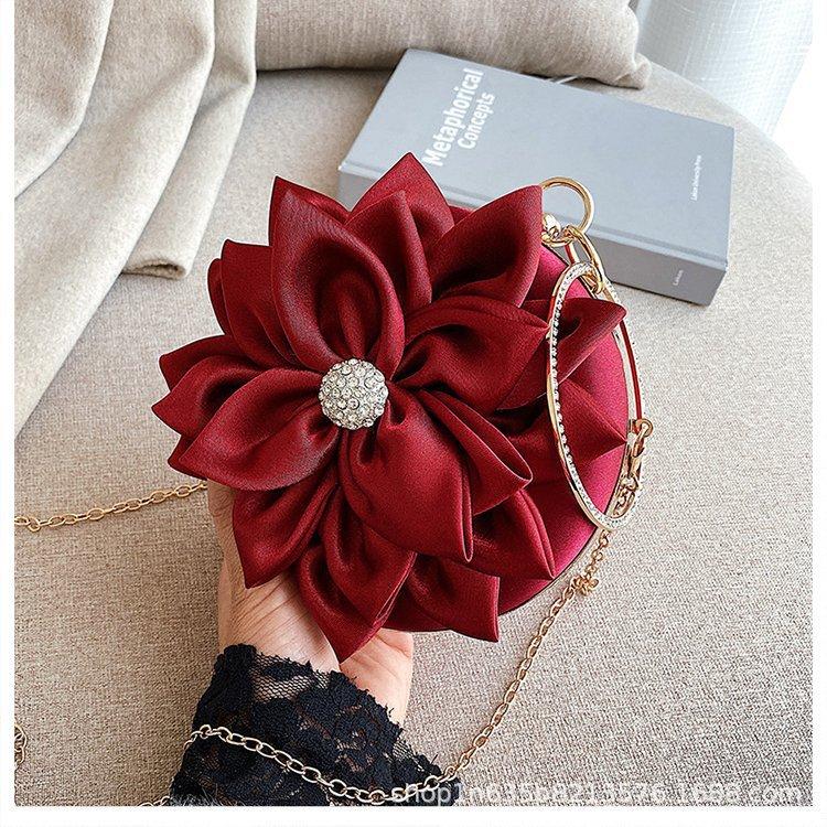 Red Flower Clutch Purse Women Round Evening Bag Crystal Diamond Wedding Silk Handbag Exquisite Chain Shoulder Bags