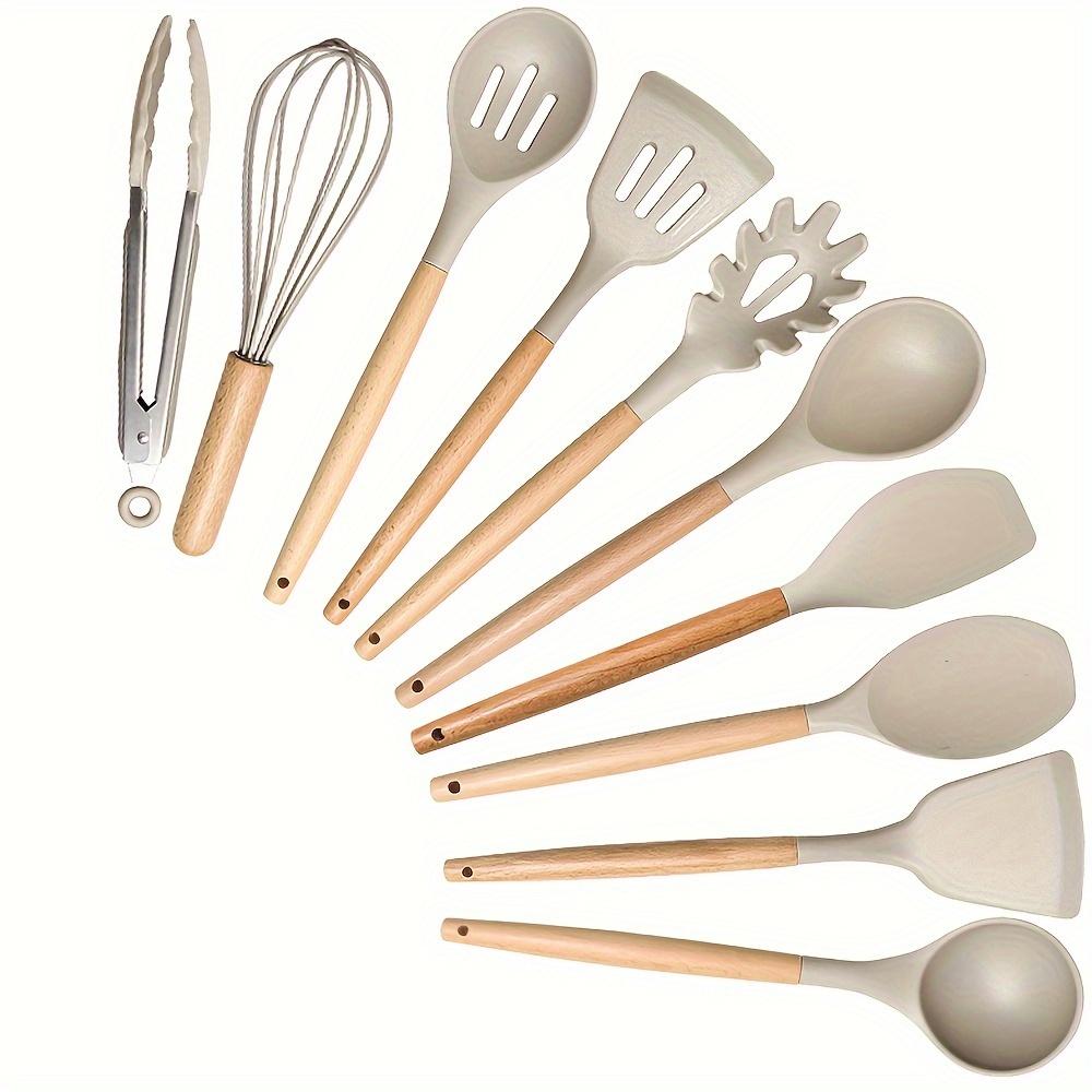 10 Pcs Silicone Cooking Utensil Set with Wooden Handles, Heat Resistant Non-Stick Kitchen Spatula Turner Spoon Tongs Whisk