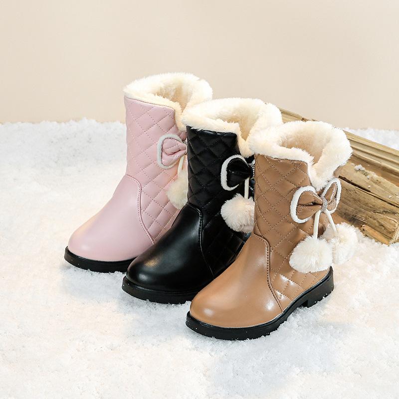 Girls Warm Boots with Bow Tie Kids Snow Boots with Fur Plush Winter Fashion Children Princess Boots