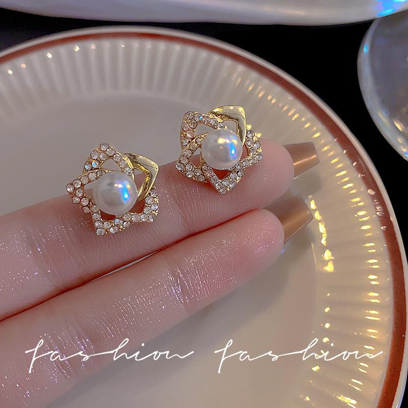 925 Silver Needle Temperament High-end Full Diamond Pearl Earrings Women's ins Wind Geometric Earrings Korean Light Luxury Earrings