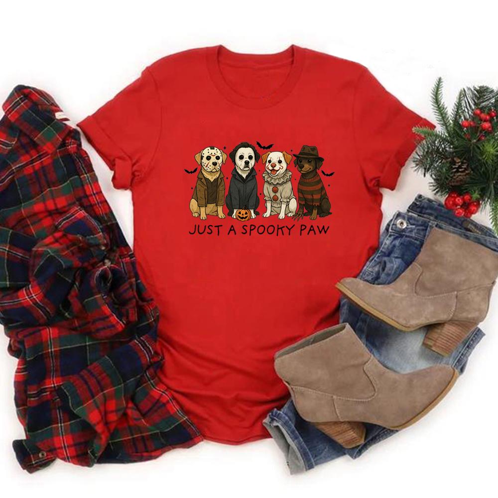 Just A Spooky Paw T-Shirt Halloween Dog T-shirts Halloween Characters Tee Funny Unisex Graphic T Shirts Spooky Season Shirt Top