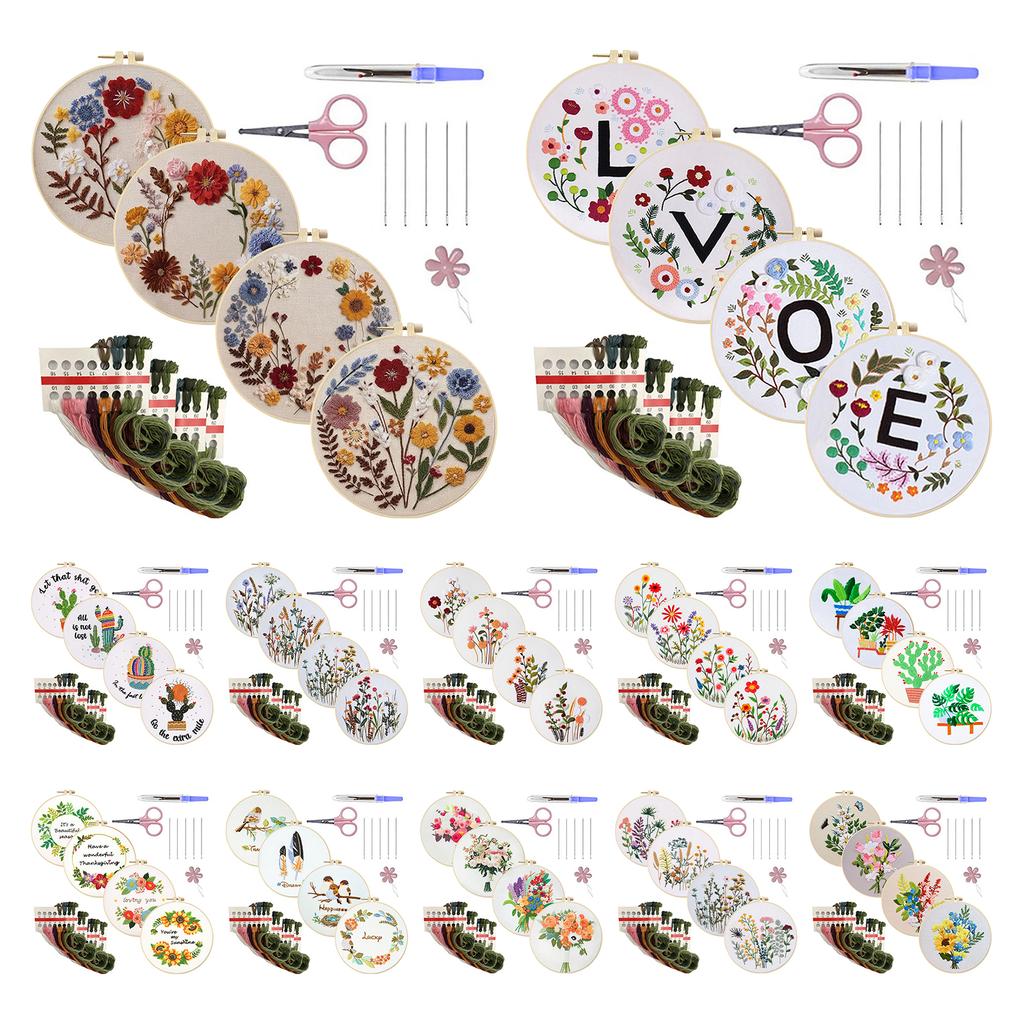 4 Pack Flowers DIY Embroidery Starter Kit with Embroidery Hoop Needlework Craft 30x30cm for Adult Beginners Gift for Women