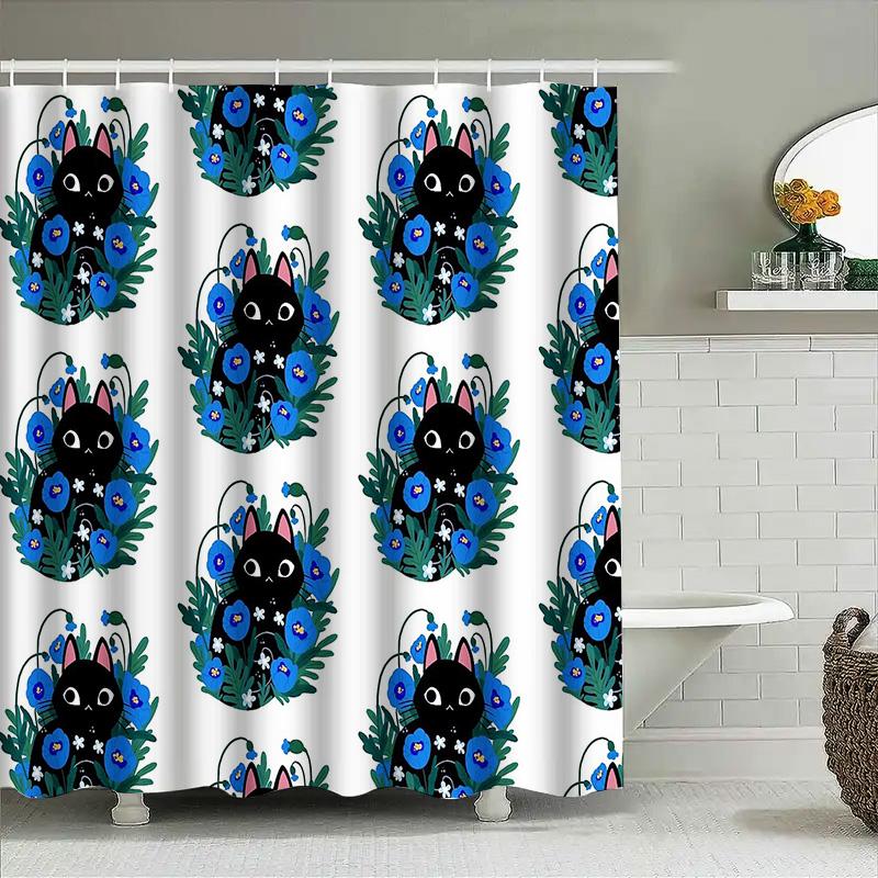 Floral Cat Shower Curtain Botanical Blue Flowers Home Decor Bathroom Set Vintage Nature Art Print Waterproof Fabric