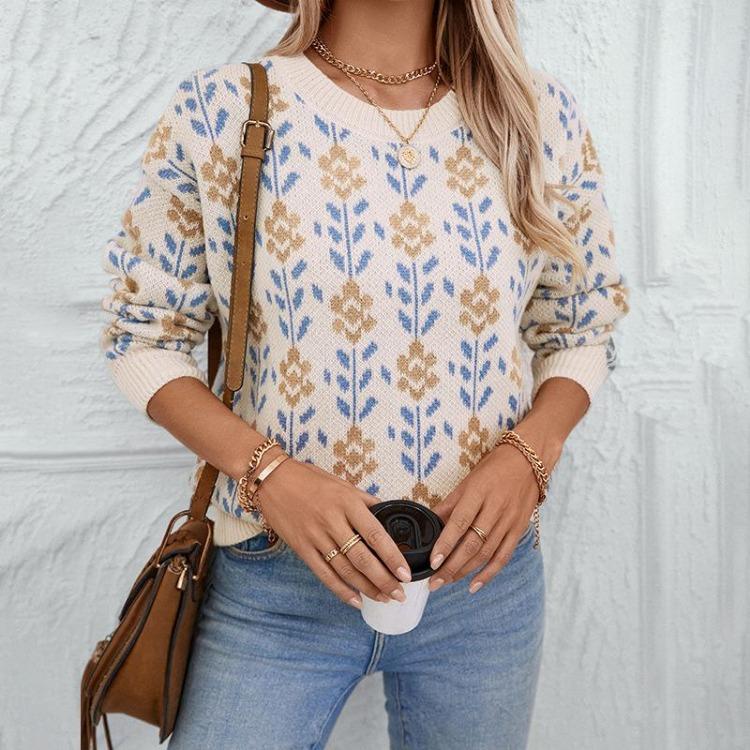 Loose Vintage O-Neck Long Sleeve Knitwear Autumn Winter Sweater Print Top Pullover