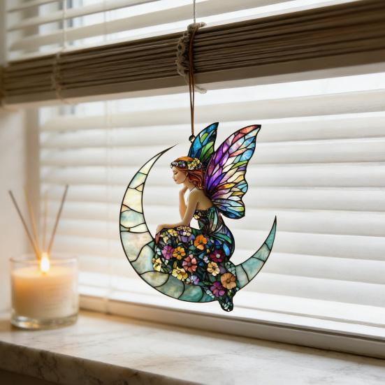 Sonnenfänger Acryl Buntglas-Effekt Schmetterling/Libelle/Fee Ornament Fensterhänger Dekor Feiertagsgeschenk für Frauen Mama Oma