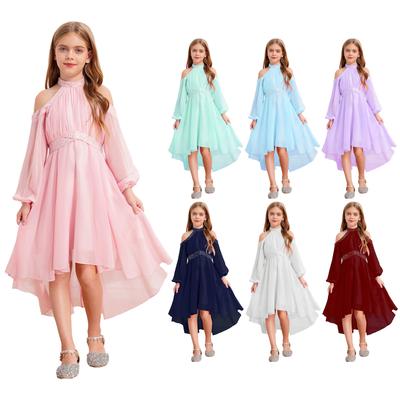 Dievčenské elegantné spoločenské šaty Halter Odhalené ramená Dlhé rukávy Vysoký pás Volánový nepravidelný lem Dizajn s imitáciou diamantov