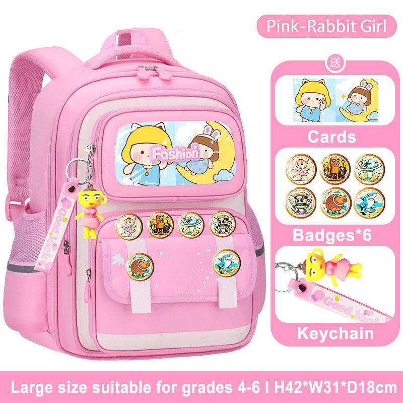 Rabbit Backpack Astronaut School Bag with Badges Keychain for Boys Girls Grades 1-6 Primary School Backpack