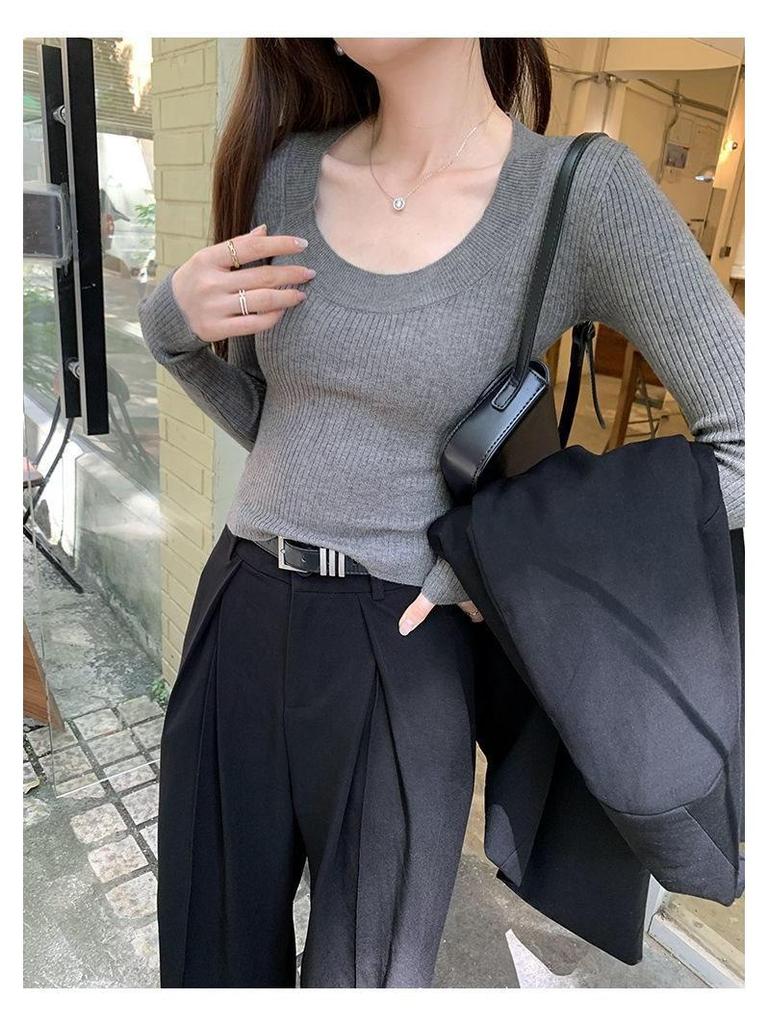 Korean Style U-Neck Ribbed Innerwear Slim-Fit Long/Short Sleeve Women's T-Shirt for Spring/Summer