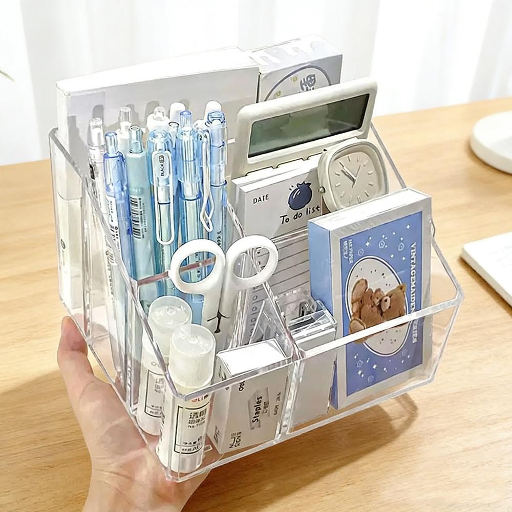 

5 Compartments Acrylic Pencil Holder Transparent Desk Storage Organizer Ins Aesthetic Pen Container for Stationery