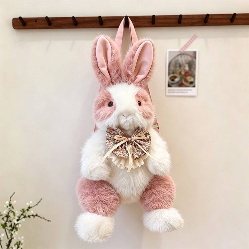 Cute Bowknot Plush Rabbit Backpack Realistic Long Fur Bunny Doll Cartoon Stuffed Animal Bag