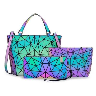 Women Holographic Geometric Luminous Messenger Bag 3 Piece Set Fashion Shoulder Handbag And Tote