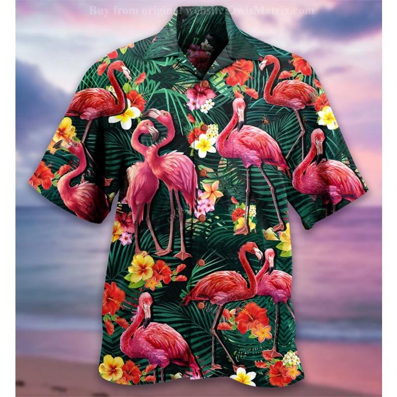 Summer Hawaiian Shirt Flamingo Short Sleeve Funny Men's Clothing Fashion Special Offer High-quality Shirts