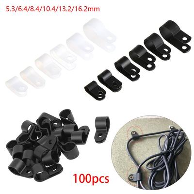 100 abrazaderas de cable de nailon tipo R, clips de plástico tipo P, sujetadores de nailon negro, herrajes de fijación para montaje de cables, accesorios eléctricos duraderos.