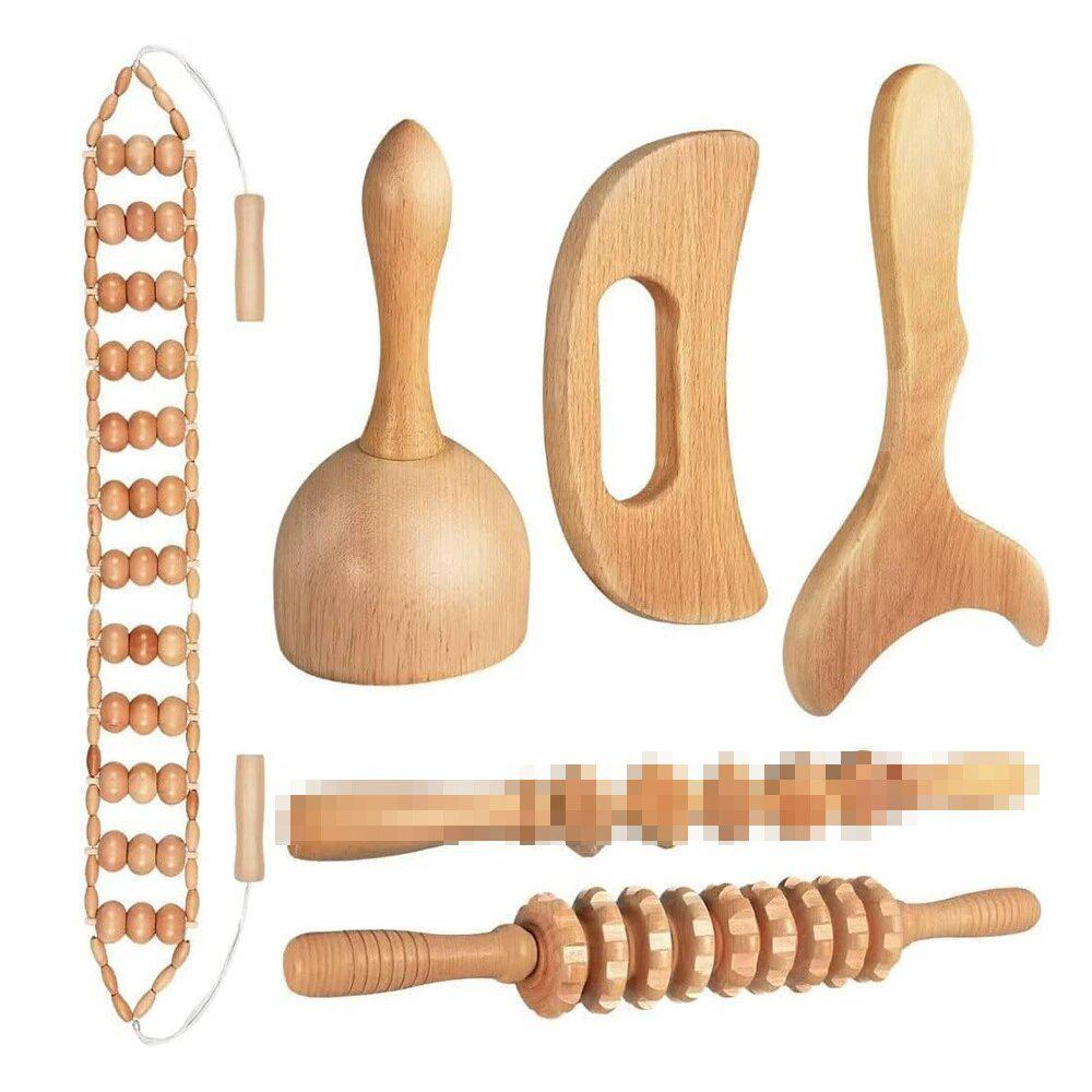 Solid Wood Meridian Massage Set: Face & Leg Gua Sha, Handheld Roller for Full Body Relief