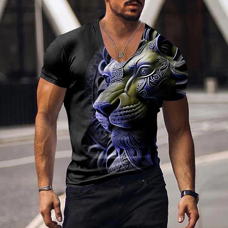 Oversized Animal T-shirt Unisex Black Tees Lion Print Shirts Pattern V-neck Tops Fashion Casual Short Sleeve Summer Unisex's Clothing