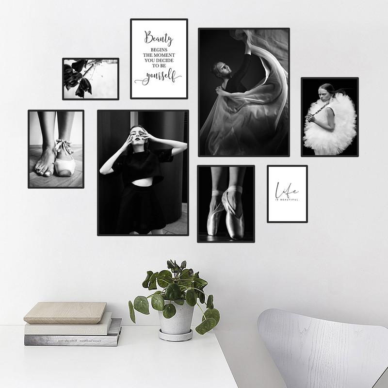 Modern Wall Prints Picture Flower Modular Poster Black White Ballet Girl Canvas Painting Life Quote Art Living Room Decor HD0082