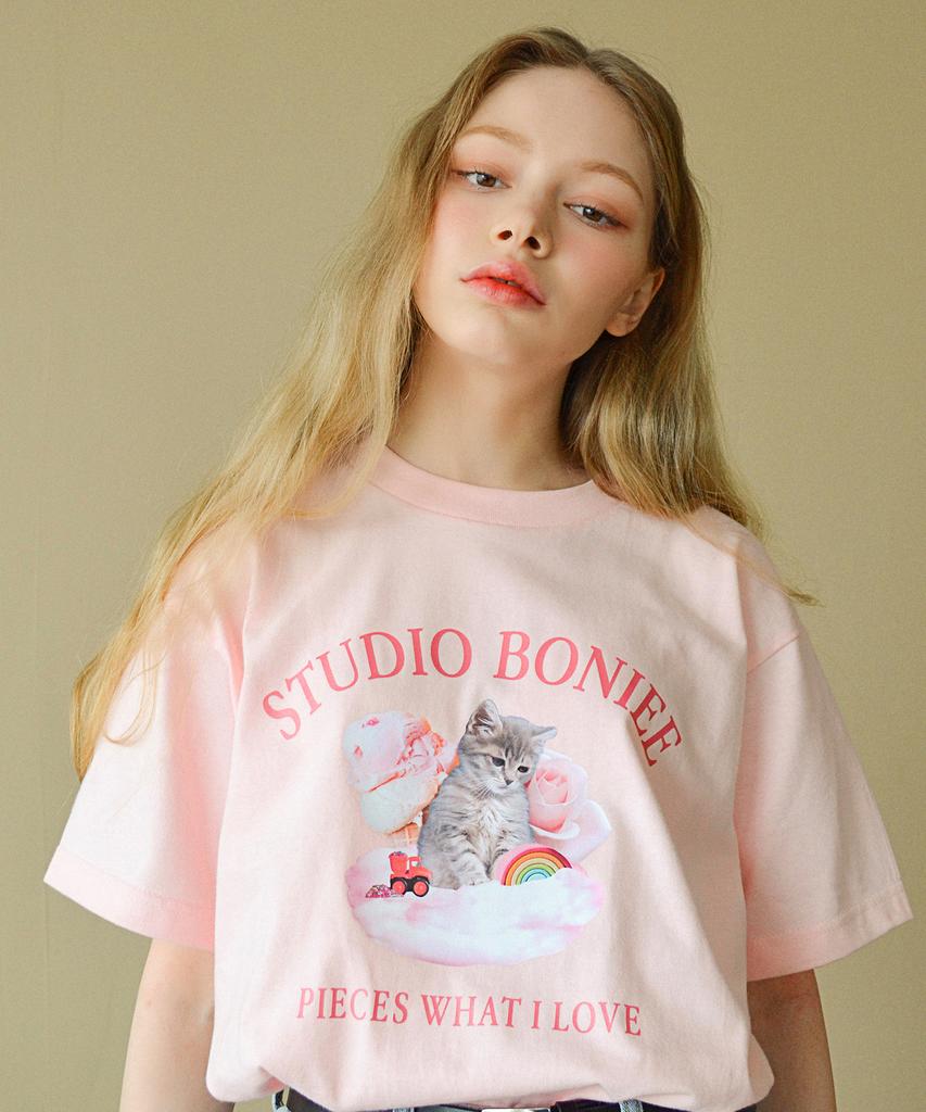 BONIEE Retro Kitten Collage Loose T-Shirt Pink