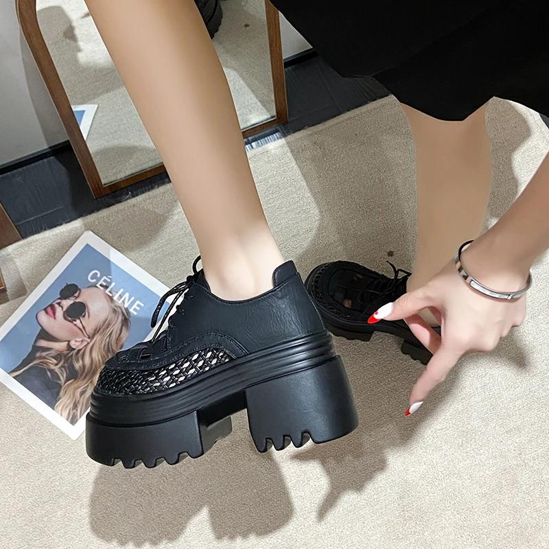 Fashion 9CM New Summer Women's Hollow Sneakers Leather High Heels Platform Lace-up Casual Shoes Thick Sole Walking Shoes Zapatos Mujer