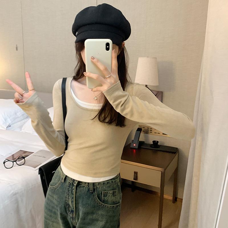 25/5000 Tricou de damă cu guler pătrat mozaic, pulover fals din două piese, contrast de primăvară, mâneci lungi pentru reducerea vârstei