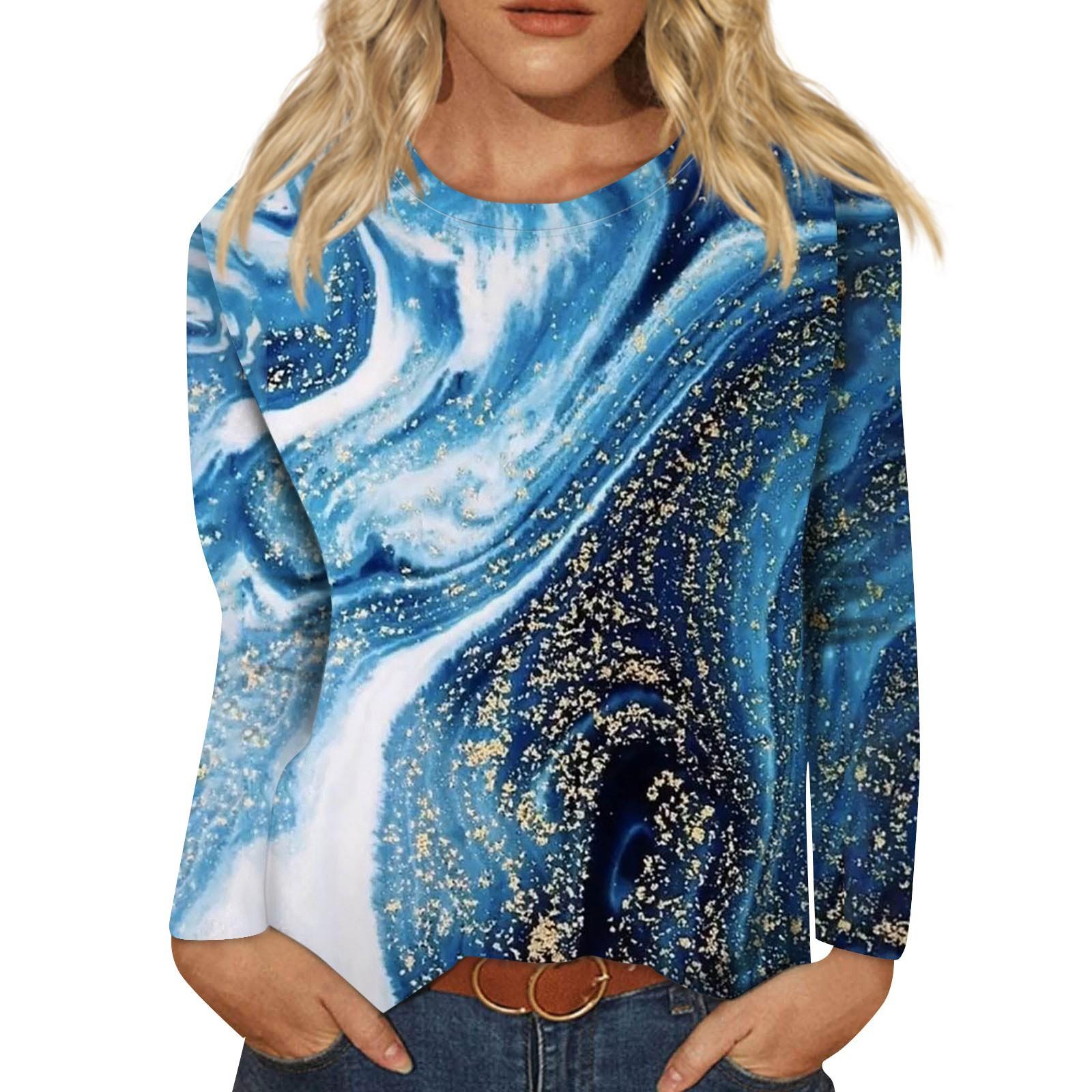 

Женская мода, повседневная блузка с длинным рукавом и круглым вырезом, пуловер с принтом L синий