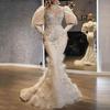 New V-Neck Feather Princess Dress Golden Long Mesh Evening Gown