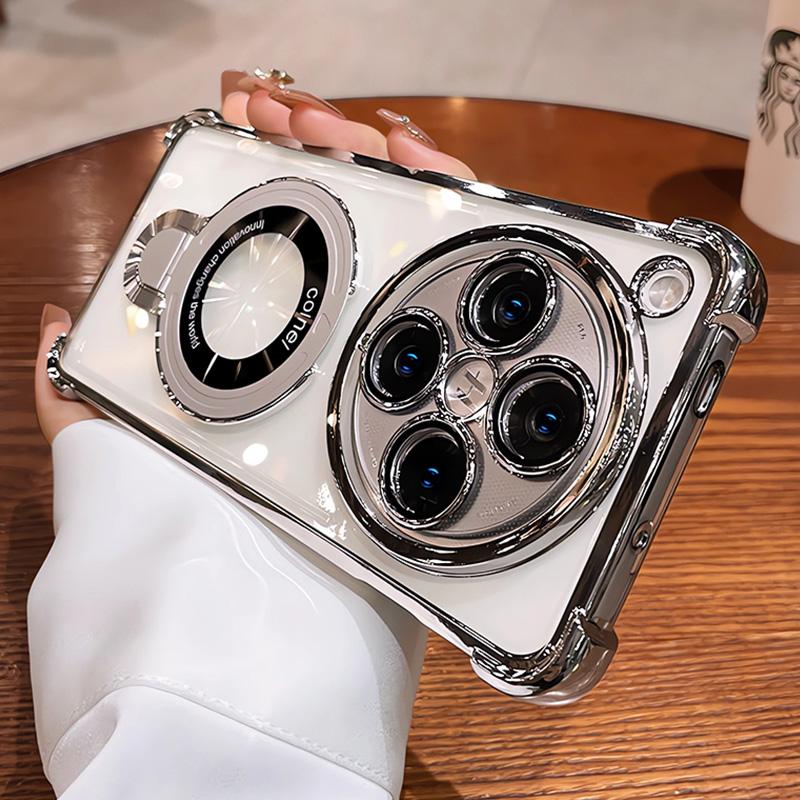 For OPPO Find X8 Pro Case Magnetic Holder Luxury Plating Airbag Soft Silicone Transparent Camera Protection Shockproof Cover