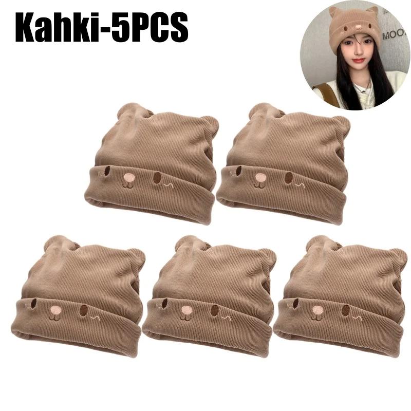 Damen Gemütliche Gestrickte Slouchy Mütze mit Entzückender Katzenohren-Stickerei Winter Warm Dehnbar Beanie für Damenmode