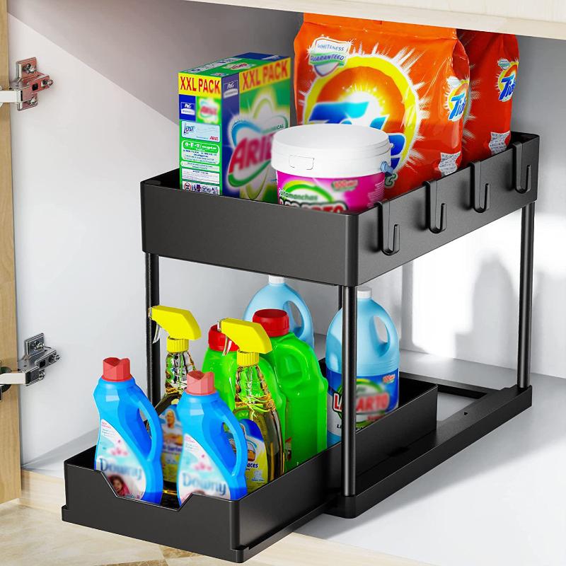 Multi Purpose 2Tier Kitchen Sink Organizer Sliding Basket Rack with Hooks Space Saving Shelves for Utility Room